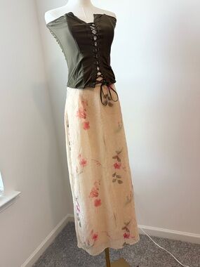 me too Yellow Floral Midi Skirt with Pink Blossoms